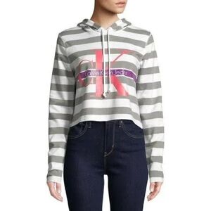 Calvin Klein Jeans Women's Striped Logo Crop Hoodie - Standard White - Large